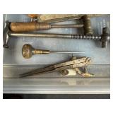 Collection of Vintage Hand Tools and Brass Hardware in Storage Bin