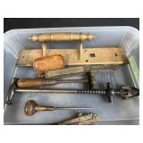 Collection of Vintage Hand Tools and Brass Hardware in Storage Bin