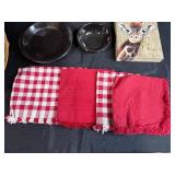 Picnic Basket Set with Black Speckled Dishes, Red Napkins, and Giraffe Art