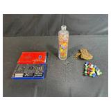 Vintage Dominoes Set with Double Six Tiles and Marbles Collection in Glass Bottle and Leather Pouch