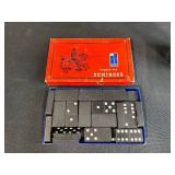 Vintage Dominoes Set with Double Six Tiles and Marbles Collection in Glass Bottle and Leather Pouch