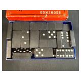 Vintage Dominoes Set with Double Six Tiles and Marbles Collection in Glass Bottle and Leather Pouch