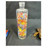 Vintage Dominoes Set with Double Six Tiles and Marbles Collection in Glass Bottle and Leather Pouch
