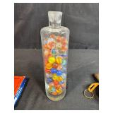 Vintage Dominoes Set with Double Six Tiles and Marbles Collection in Glass Bottle and Leather Pouch