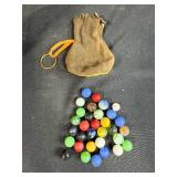 Vintage Dominoes Set with Double Six Tiles and Marbles Collection in Glass Bottle and Leather Pouch