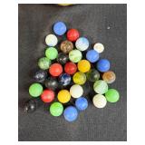 Vintage Dominoes Set with Double Six Tiles and Marbles Collection in Glass Bottle and Leather Pouch