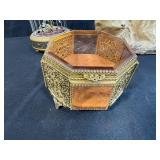 Vintage Decorative Collection: Cat Figurine, Birdcage Display, and Ornate Glass Jewelry Box