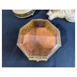 Vintage Decorative Collection: Cat Figurine, Birdcage Display, and Ornate Glass Jewelry Box