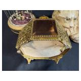Vintage Decorative Collection: Cat Figurine, Birdcage Display, and Ornate Glass Jewelry Box