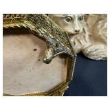 Vintage Decorative Collection: Cat Figurine, Birdcage Display, and Ornate Glass Jewelry Box