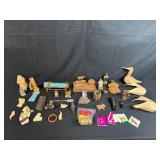 Collection of Vintage Wooden Carvings, Figurines, and Trinkets