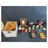 Mixed Lot of Vintage Collectibles with Framed Art, Figurines, Book, and Game Pieces