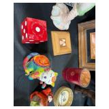 Mixed Lot of Vintage Collectibles with Framed Art, Figurines, Book, and Game Pieces