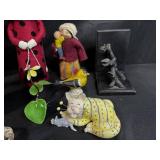 Mixed Lot of Vintage Collectibles with Framed Art, Figurines, Book, and Game Pieces