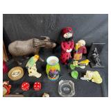 Mixed Lot of Vintage Collectibles with Framed Art, Figurines, Book, and Game Pieces