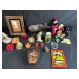 Mixed Lot of Vintage Collectibles with Framed Art, Figurines, Book, and Game Pieces