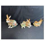Set of 3 Decorative Porcelain Bunny Figurines with Floral Accents