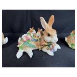 Set of 3 Decorative Porcelain Bunny Figurines with Floral Accents
