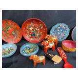 Collection of Scandinavian Folk Art Wooden Bowls, Plates, Dala Horses and Decorative Items