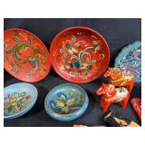 Collection of Scandinavian Folk Art Wooden Bowls, Plates, Dala Horses and Decorative Items
