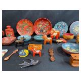 Collection of Scandinavian Folk Art Wooden Bowls, Plates, Dala Horses and Decorative Items