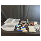 Mixed Household and Garage Lot: Bins, Brushes, Tools, Wind Chimes, Mug