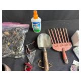 Mixed Household and Garage Lot: Bins, Brushes, Tools, Wind Chimes, Mug