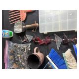 Mixed Household and Garage Lot: Bins, Brushes, Tools, Wind Chimes, Mug