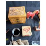 Vintage Collectibles and Novelty Items Assortment Inc Hand Carved Hiker Figurine with Storage Bin