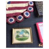 Vintage Americana Collectibles Lot with Cigar Boxes, Toys, and Patriotic Decor