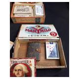 Vintage Americana Collectibles Lot with Cigar Boxes, Toys, and Patriotic Decor