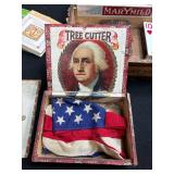 Vintage Americana Collectibles Lot with Cigar Boxes, Toys, and Patriotic Decor