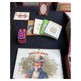 Vintage Americana Collectibles Lot with Cigar Boxes, Toys, and Patriotic Decor