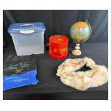 Assorted Vintage and Household Items Including Globe, Fur Collar, Tins, and Storage Bags