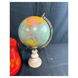 Assorted Vintage and Household Items Including Globe, Fur Collar, Tins, and Storage Bags