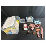 Mixed Lot of Vintage License Plates, Stone Carvings, and Miscellaneous Items in Storage Bins