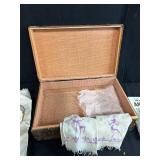 Antique Lot with Oil Lamps, Textiles, Suitcase, and Encyclopedia