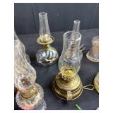 Antique Lot with Oil Lamps, Textiles, Suitcase, and Encyclopedia