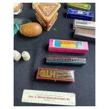 Collection of Vintage Harmonicas, Carved Boxes, Pipes, Booklet, and Decorative Items