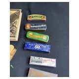 Collection of Vintage Harmonicas, Carved Boxes, Pipes, Booklet, and Decorative Items