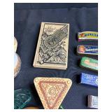 Collection of Vintage Harmonicas, Carved Boxes, Pipes, Booklet, and Decorative Items