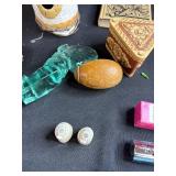 Collection of Vintage Harmonicas, Carved Boxes, Pipes, Booklet, and Decorative Items