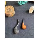 Collection of Vintage Harmonicas, Carved Boxes, Pipes, Booklet, and Decorative Items