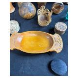 Collection of Vintage Harmonicas, Carved Boxes, Pipes, Booklet, and Decorative Items