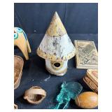 Collection of Vintage Harmonicas, Carved Boxes, Pipes, Booklet, and Decorative Items