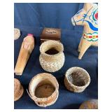 Collection of Vintage Harmonicas, Carved Boxes, Pipes, Booklet, and Decorative Items