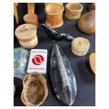 Collection of Vintage Harmonicas, Carved Boxes, Pipes, Booklet, and Decorative Items