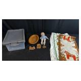 Vintage Doll, Swedish Dala Horse Linens, Wood Plate, Miniature Figures and Storage Bin Lot