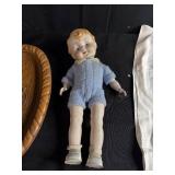 Vintage Doll, Swedish Dala Horse Linens, Wood Plate, Miniature Figures and Storage Bin Lot