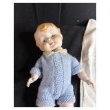 Vintage Doll, Swedish Dala Horse Linens, Wood Plate, Miniature Figures and Storage Bin Lot